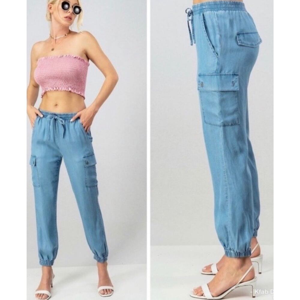 LOVE TREE Tencel Lightweight Soft Cargo Jogger Pants Size L Blue